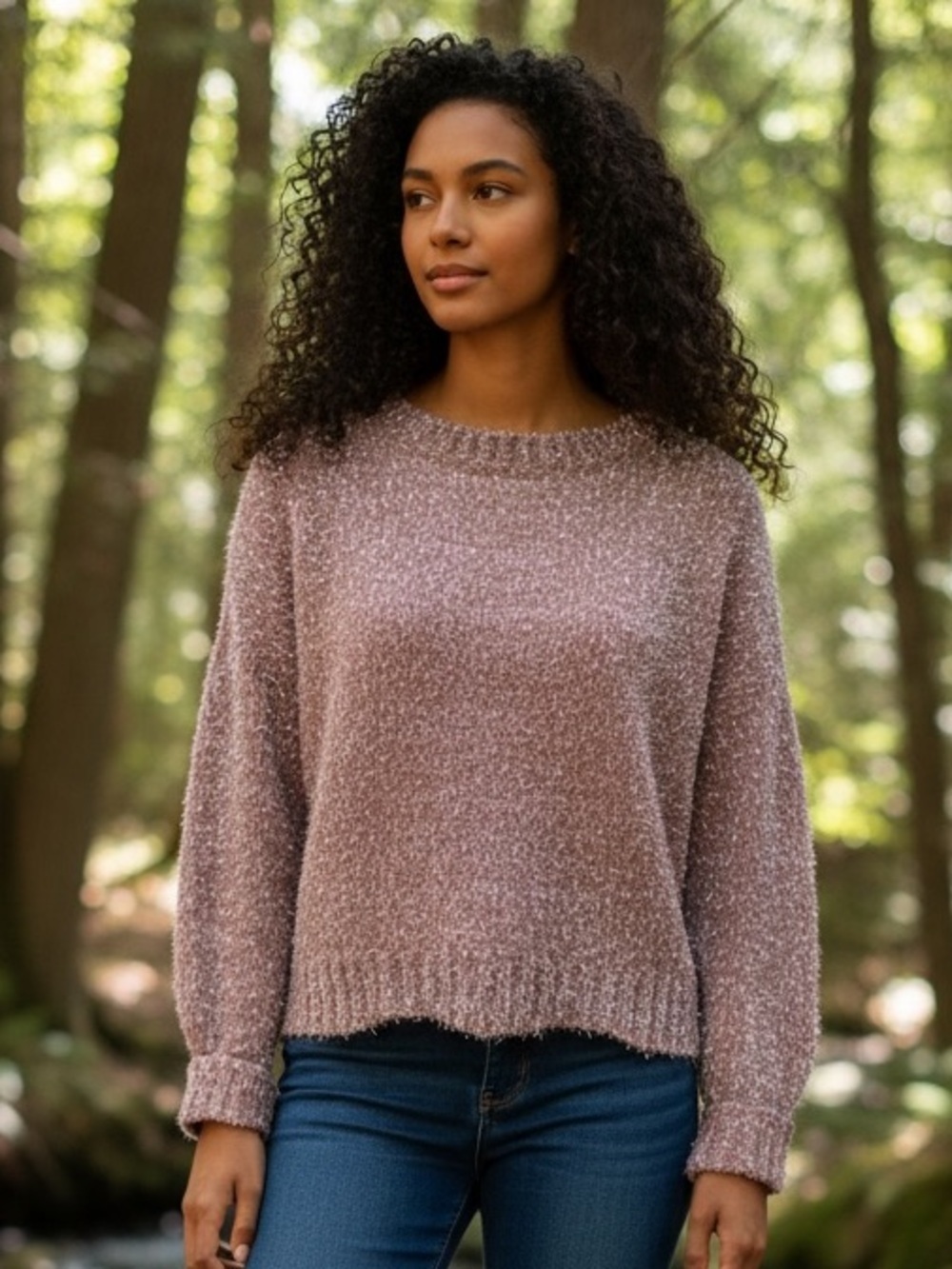 ALTAR’D STATE CROPPED PASTEL PINK SILVER SHIMMER METALLIC SPARKLE SWEATER SZ M
